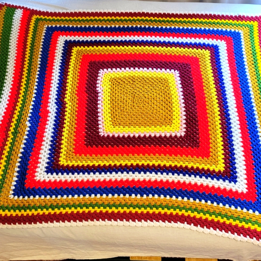 Vintage Granny Crocheted Primary Colors Afghan